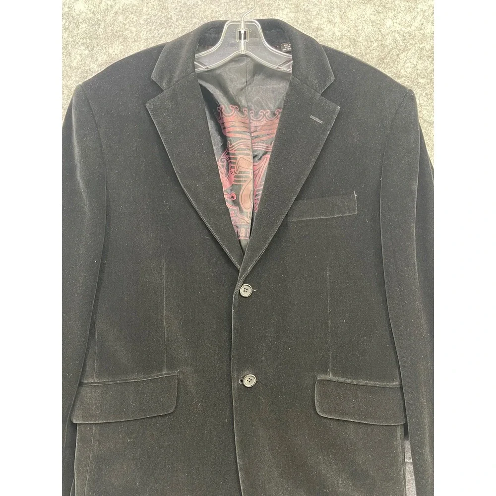 7 Diamonds Blazer Men Large Black Velvet Graphic Lining Sport Coat Jacket Goth